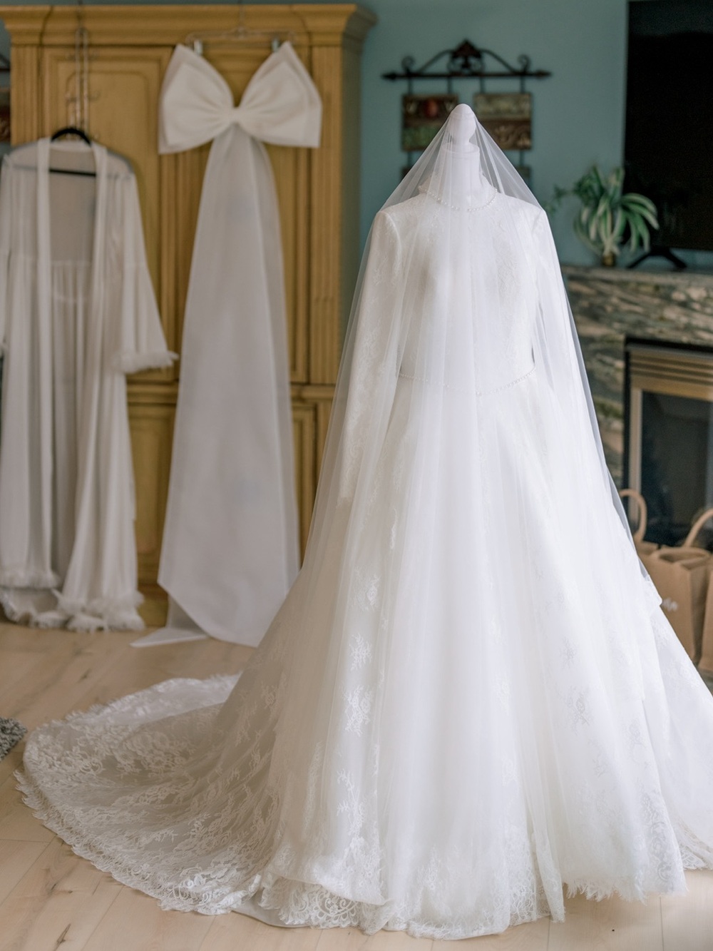 Wedding Gown with Lace Train and Veil